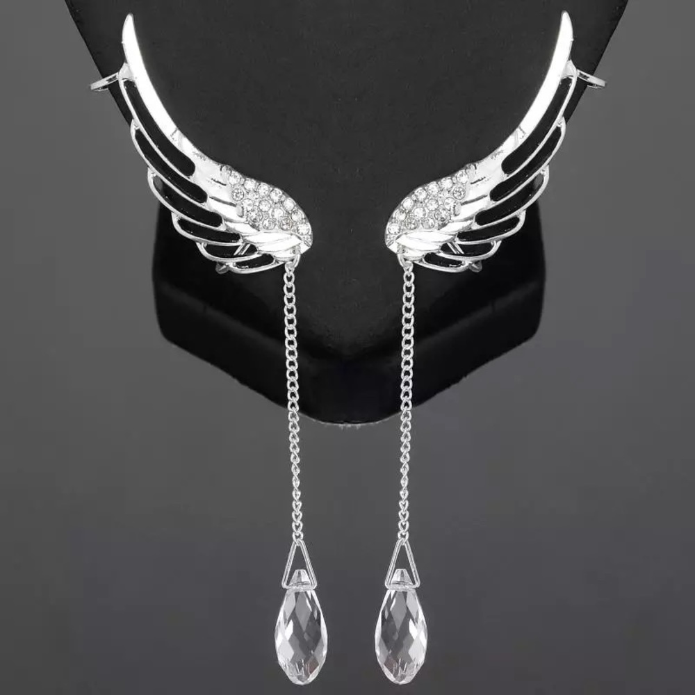 Angel Wings Water Drop Crystal Clip On Earrings - Picture 2 of 12
